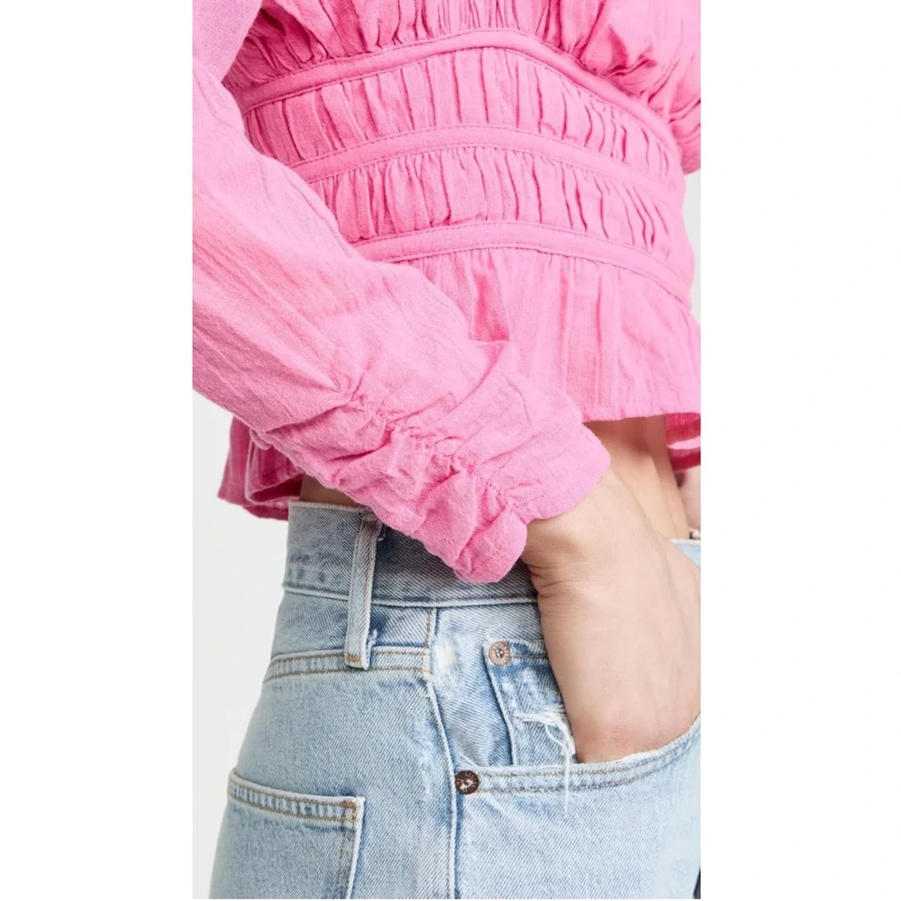 Free People Women’s Top Chloe Aurora Pink Smoked Tie Back Size M Long‎ Sleeve